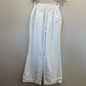 Wide Leg White Linen-Blend Pants with Smocked Waist
